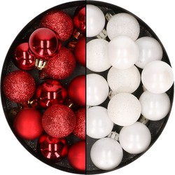 28x stuks kleine kunststof kerstballen wit en rood 3 cm - Kerstbal