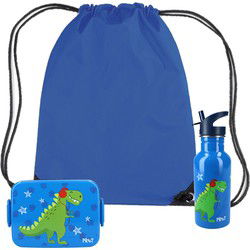 Pret Dino lunchbox set voor kinderen - 3-delig - blauw - kunststof/rvs - incl. gymtas/schooltas - Lunchboxen