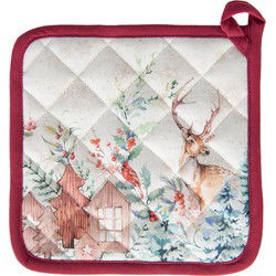Clayre & Eef Pannenlap  20x20 cm Wit Rood Katoen Vierkant Hert Afgiet Pannenlap