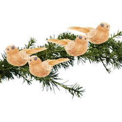 4x stuks kunststof decoratie vogels op clip caramel bruin 12 cm - Kersthangers
