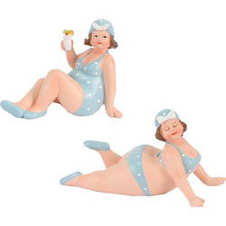 Woonkamer decoratie beeldjes set 2 dikke dames - blauw badpak - 17 cm - Beeldjes