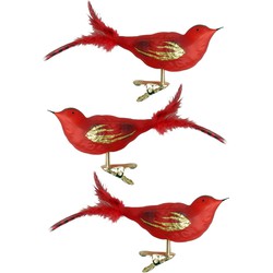 3x stuks luxe glazen decoratie vogels op clip rood 11 cm - Kersthangers