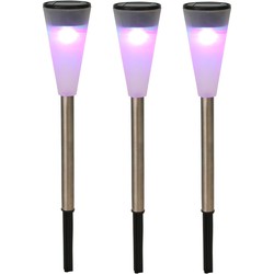 3x RVS Buitenlampen/tuinlampen LED stekers solar verlichting 36 cm gekleurd - Prikspotjes