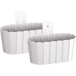 Set van 2x stuks wood-look muur plantenpot/bloempot kunststof dia 27 cm/hoogte 15 cm parel wit - Plantenpotten