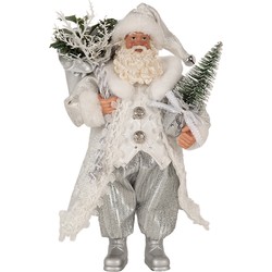 Clayre & Eef Kerstdecoratie Beeld Kerstman 27 cm Wit Zilverkleurig Kunststof