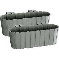 Balkon plantenbak/bloembak - 2x - met haken - kunststof - grijs - 38 cm - Plantenbakken