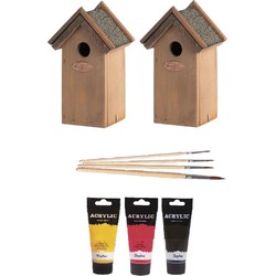 2x Houten vogelhuisje/nestkastje 22 cm - zwart/geel/rood Dhz schilderen pakket - Vogelhuisjes
