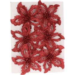 6x Kerstversieringen glitter kerstrozen rood op clip - Kunstbloemen