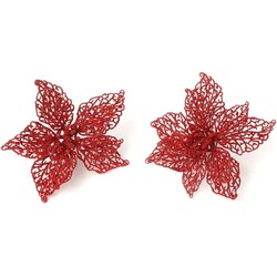 4x stuks decoratie kerststerren bloemen rood glitter op clip 18 cm - Kunstbloemen