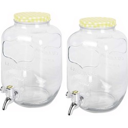 2x stuks glazen drankdispensers/limonadetap met geel/wit geblokte dop 4 liter - Drankdispensers