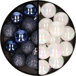36x stuks kunststof kerstballen donkerblauw en parelmoer wit 3 en 4 cm - Kerstbal