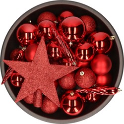 33x stuks kunststof kerstballen rood met ster piek 5-6-8 cm mix - Kerstbal