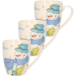 3x stuks kerstmok/wintermok sneeuwpop met blauwe muts en sjaal van poreselein 10 cm - Bekers