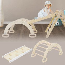Kinderklimboog natuur met glijbaan of klimwand 2 in 1 natuur/wit gemaakt van hout Joyz