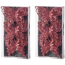 6x Kerstversieringen vlinders op clip glitter rood 11 cm - Kersthangers