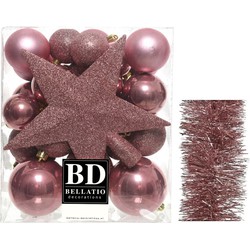 Kerstversiering kerstballen 5-6-8 cm met ster piek en folieslingers pakket oud roze van 35x stuks - Kerstbal