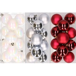 36x stuks kunststof kerstballen mix van parelmoer wit, zilver en kerstrood 6 cm - Kerstbal