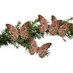 2x stuks kerstboom decoratie vlinders op clip bruin met glitters 18 cm - Kersthangers