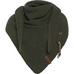 Knit Factory Coco Gebreide Omslagdoek - Driehoek Sjaal Dames - Khaki - 190x85 cm - Inclusief sierspeld