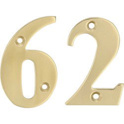 AMIG Huisnummer 62 - massief messing - 5cm - incl. bijpassende schroeven - gepolijst - goudkleur - Huisnummers