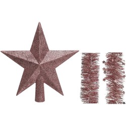 Kerstversiering kunststof glitter ster piek 19 cm en folieslingers pakket oud roze van 3x stuks - kerstboompieken