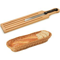 Bamboe houten broodplank/snijplank/serveerplank met broodmes 50 x 10 cm en broodmandje van 41 cm - Snijplanken