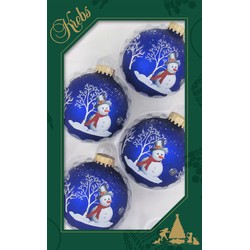 4x stuks luxe glazen kerstballen 7 cm blauw met sneeuwpop - Kerstbal