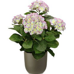 Hortensia kunstplant/kunstbloemen 45 cm - paars/groen - in pot olijfgroen mat - Kunstplanten