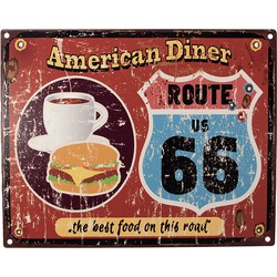 Clayre & Eef Tekstbord  25x20 cm Rood Ijzer Hamburger en koffie American Diner "the best food on this road" Wandbord