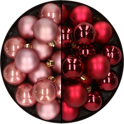 32x stuks kunststof kerstballen mix van oudroze en donkerrood 4 cm - Kerstbal