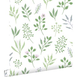 ESTAhome behang bloemmotief in Scandinavische stijl groen en lila paars - 50 x 900 cm - 139426