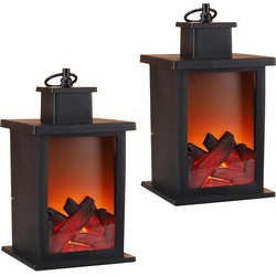 Set van 2x stuks sfeerlantaarns/lantaarns met LED haardvuur 14 x 14 x 25 cm - Lantaarns