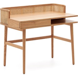 Kave Home - Araxi bureau in fineer, massief essen en rotan 105 x 62 cm