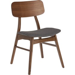 Kave Home - Selia stoel in walnootfineer, massief rubber hout en donkergrijze bekleding