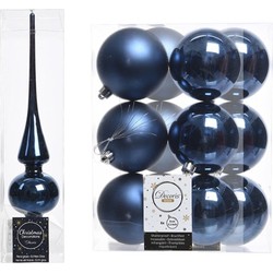 Blauwe kerstversiering/kerstdecoratie set piek en 12x kerstballen 8 cm glans/mat - Kerstbal