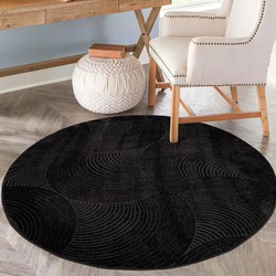 Everest Vloerkleed Modern 3D Boho Laagpolig Rond Tapijt Woonkamer Zwart- 120 CM ROND