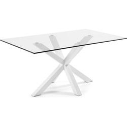 Kave Home - Argo glazen tafel met stalen poten met witte afwerking 180 x 100 cm