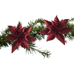 2x stuks kerstboom decoratie glitter bloemen op clip donkerrood 8 cm - Kersthangers