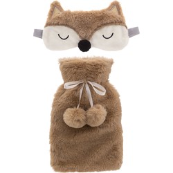 Superzachte fluffy vos warmwaterkruik en slaapmasker cadeau set bruin - Kruiken