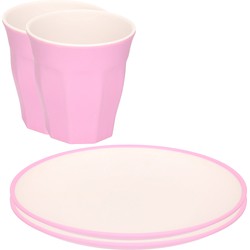 Set van 8x onbreekbare kunststof/melamine roze ontbijt bordjes/bekers - Campingborden
