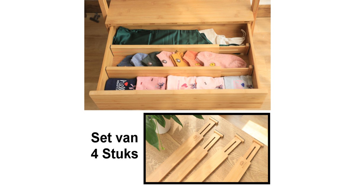 Decopatent® Set van 4 Stuks Ladeverdelers Uitschuifbaar van 45 -> 56.5 Cm - Bamboe Lade bestek Organizer - Keuken la - Bestekbak