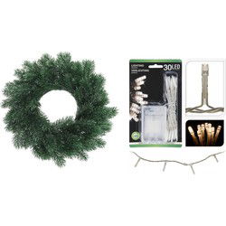 Dennenkrans/deurkrans 35 cm inclusief warm witte kerstverlichting - Kerstkransen