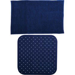 MSV Douche anti-slip mat en droogloop mat - Sevilla badkamer set - rubber/microvezel - donkerblauw - Badmatjes