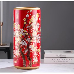 Fine Asianliving Ceramic Umbrella Stand Vase Red Blossoms Handmade -
