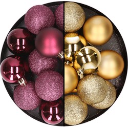 24x stuks kunststof kerstballen mix van aubergine en goud 6 cm - Kerstbal