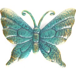1x Turquoise/goud metalen tuindecoratie vlinder 22 cm - Tuinbeelden