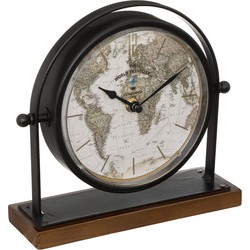 Atmosphera Tafelklok Earth Map - zwart - H21 cm - Dia klok 16 cm - glas/metaal/mdf - op standaard - Tafelklokken