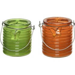 Citronella kaars - 2x - in windlicht - groen en oranje - 20 branduren - citrusgeur - geurkaarsen