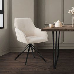 Draaibare eetkamerstoel in crème geweven stof met rugleuning en armleuningen ML design