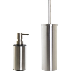 Toiletborstel houder zilver 39 cm met zeeppompje 300 ml metaal - Badkameraccessoireset